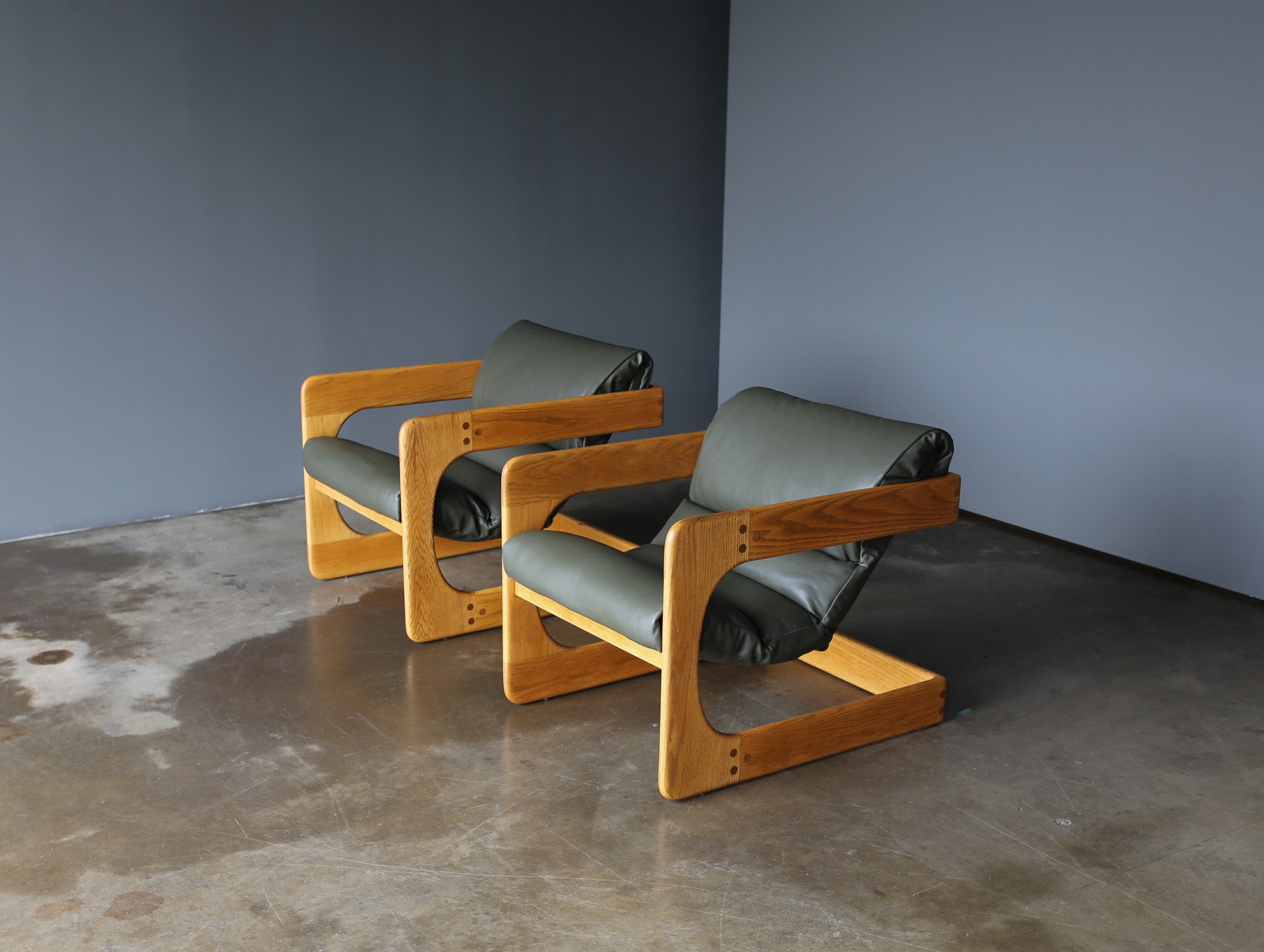 Lou Hodges Oak & Leather Lounge Chairs for California Design Group, 1970's
