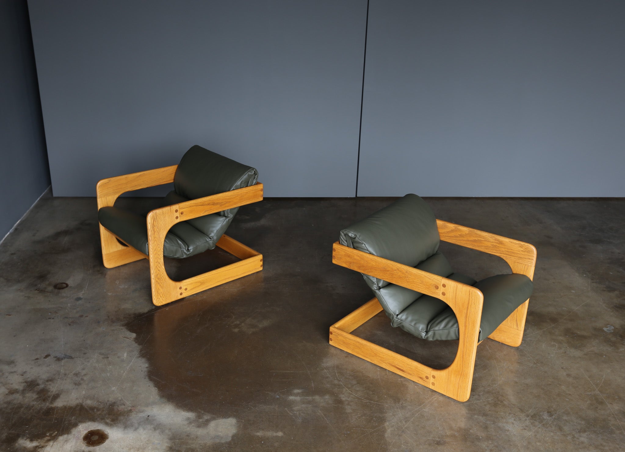 Lou Hodges Oak & Leather Lounge Chairs for California Design Group, 1970's