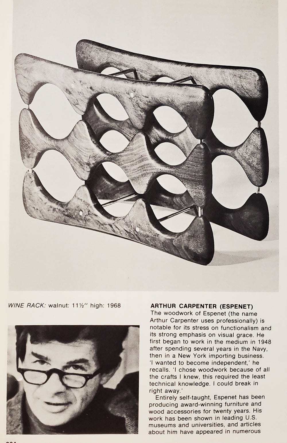 = SOLD = Arthur Espenet Carpenter Carved Walnut & Brass Wine Rack,  circa 1967