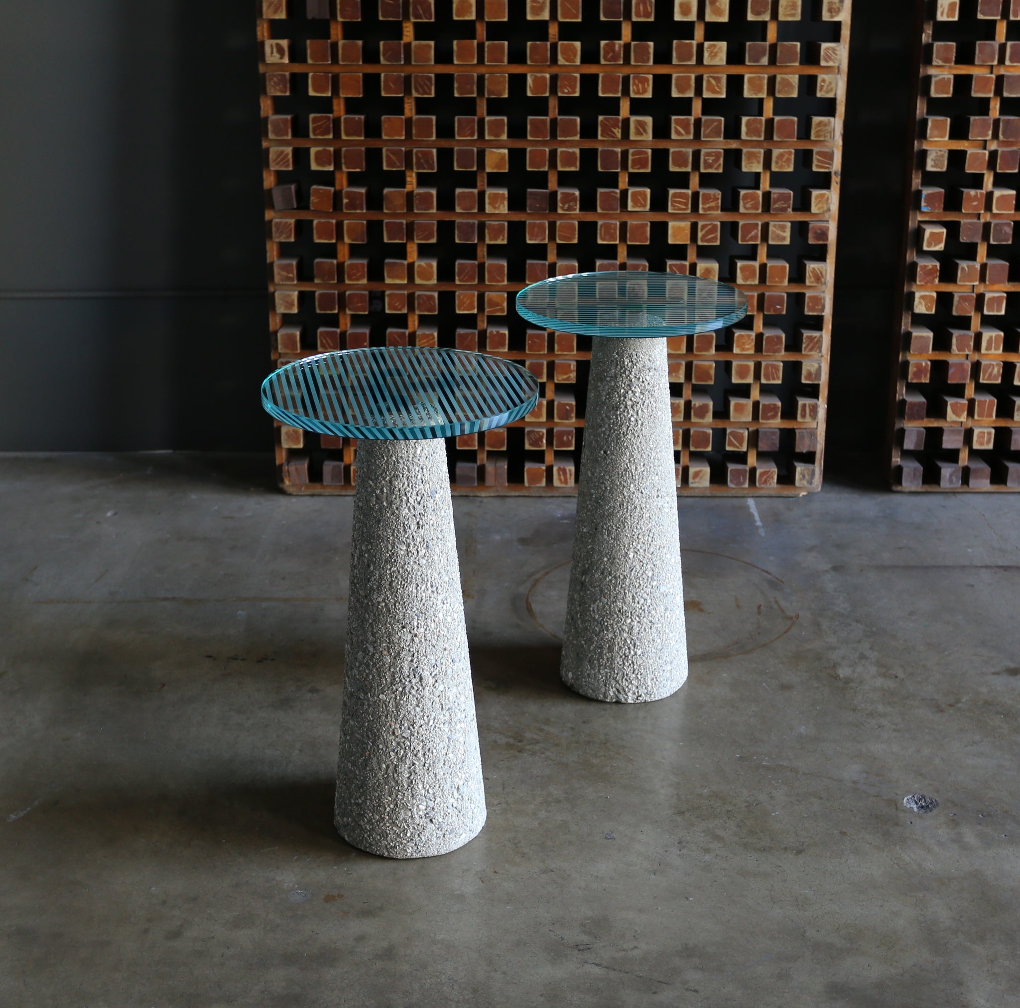 = SOLD = Geoffrey Frost Concrete & Etched Glass Side Tables, circa 1985