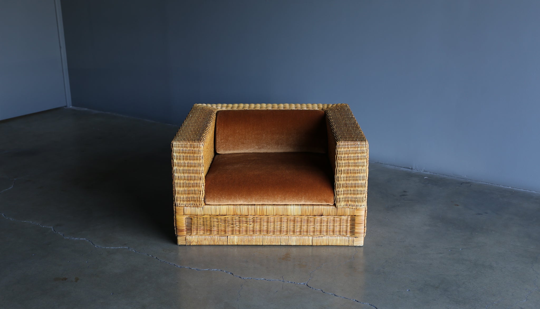 = SOLD = Large Scale Modernist Wicker & Mohair Lounge Chairs, circa 1965