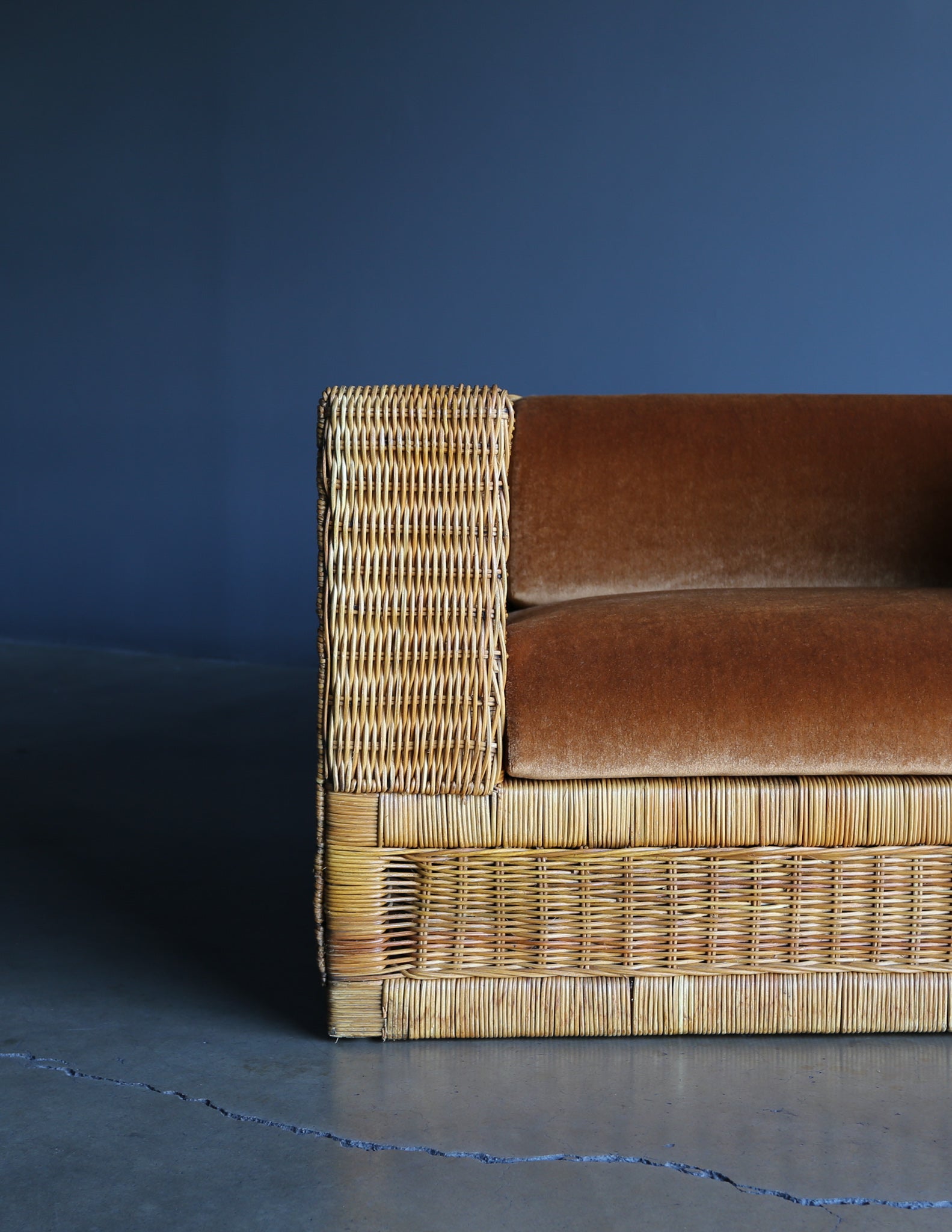 = SOLD = Large Scale Modernist Wicker & Mohair Lounge Chairs, circa 1965