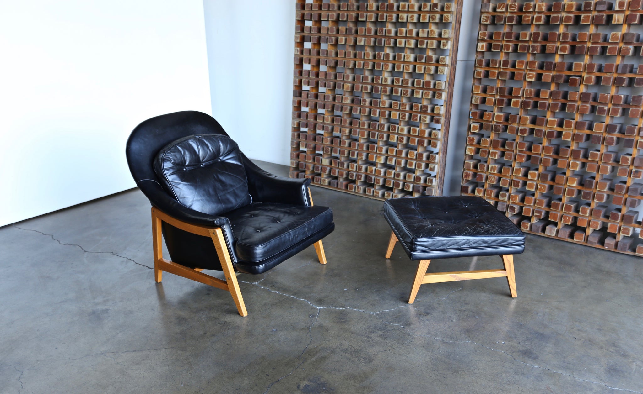 = SOLD = Edward Wormley Leather Lounge Chair and Ottoman for Dunbar, circa 1957