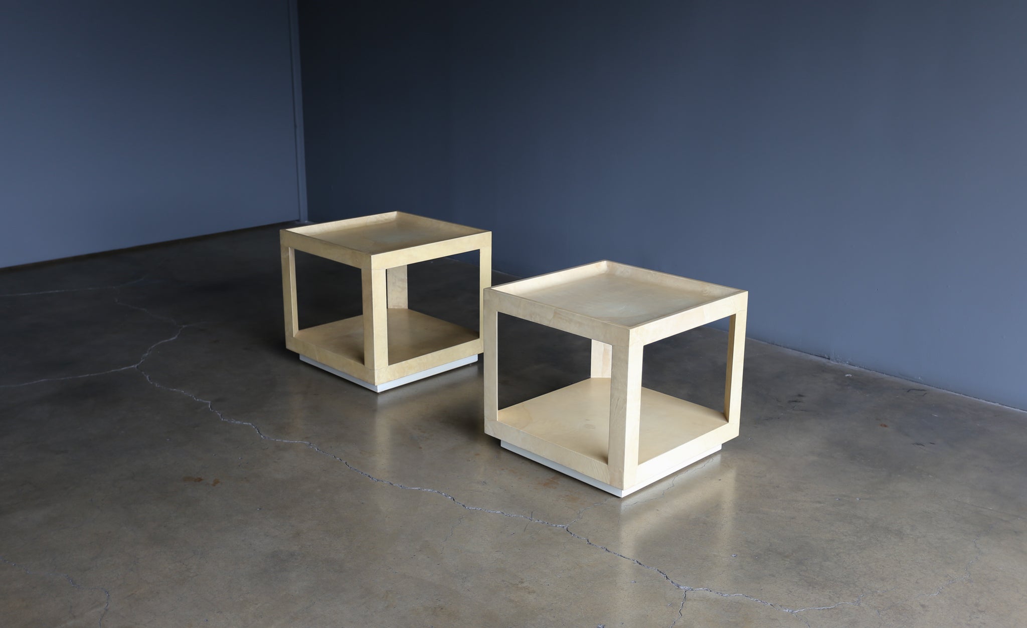 = SOLD = Lacquered Goatskin Side Tables, circa 1980