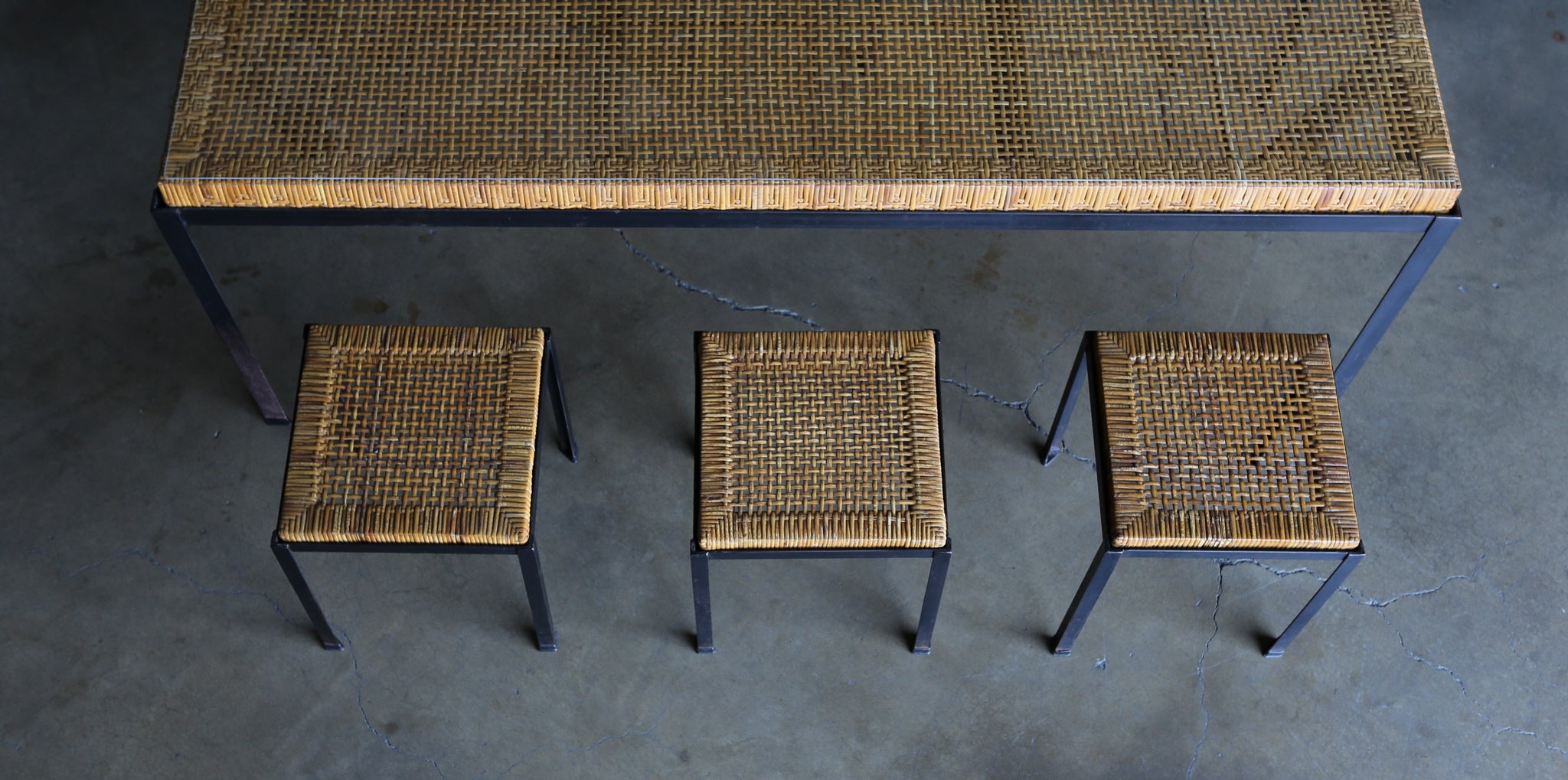 = SOLD = Danny Ho Fong Iron & Cane Set of Six Stools w/ Dining Table for Tropi-Cal 1960's