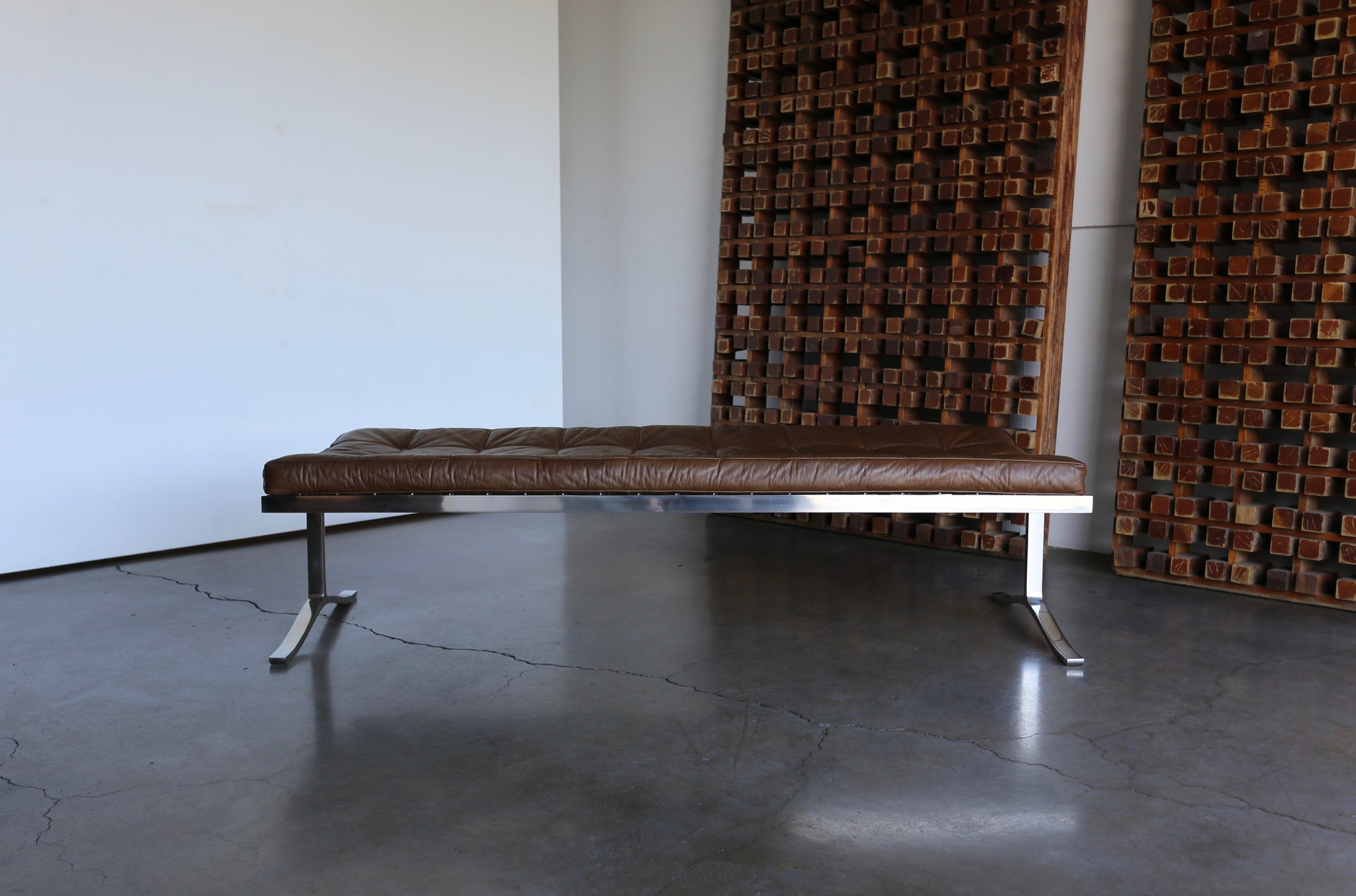 = SOLD = Nico Zographos Leather & Stainless Steel Bench circa 1975
