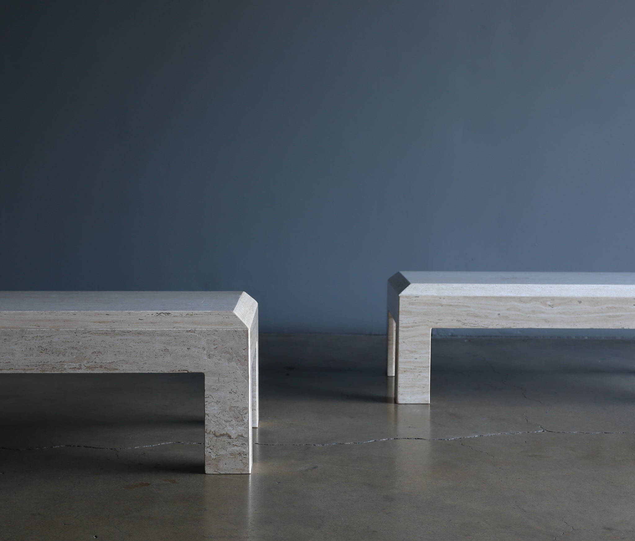 = SOLD = Travertine Pair of Large Scale Side Tables / Coffee Tables, Italy, c. 1980