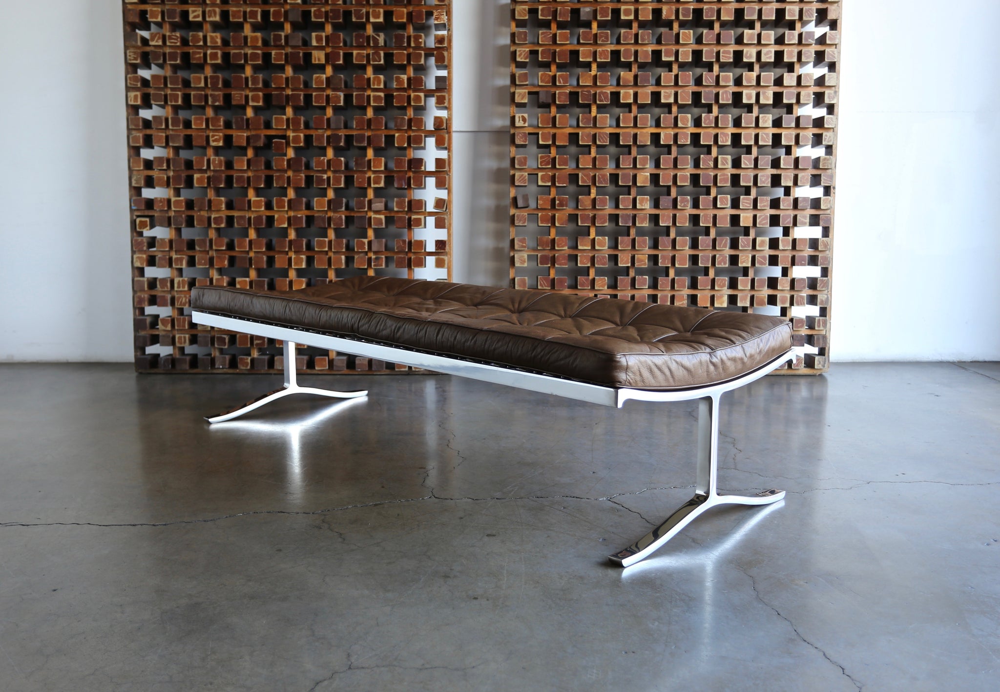 = SOLD = Nico Zographos Leather & Stainless Steel Bench circa 1975