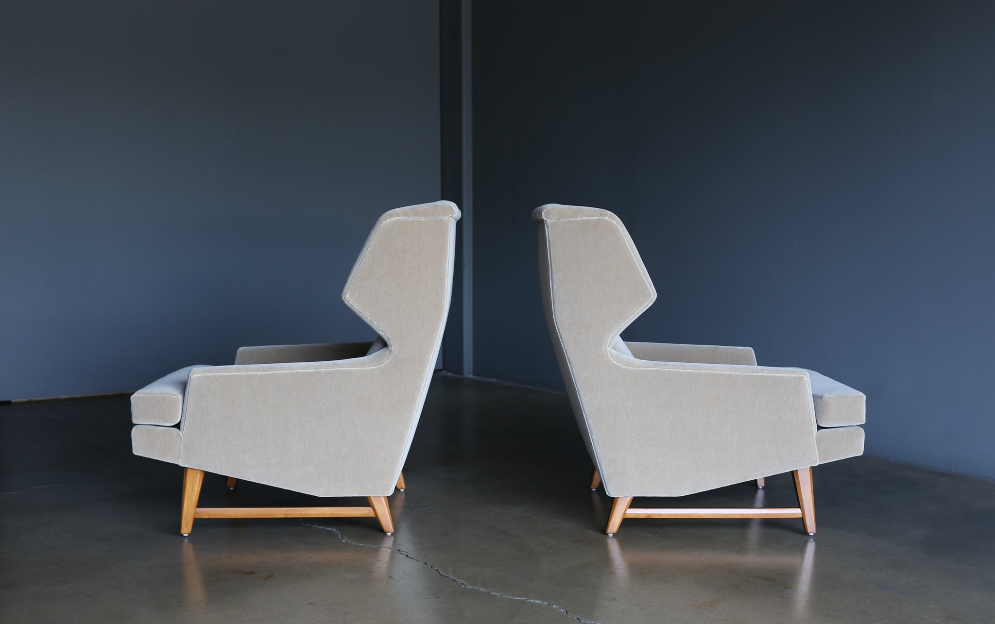 = SOLD = American Design Modernist Wingback Lounge Chairs in Mohair, circa 1955