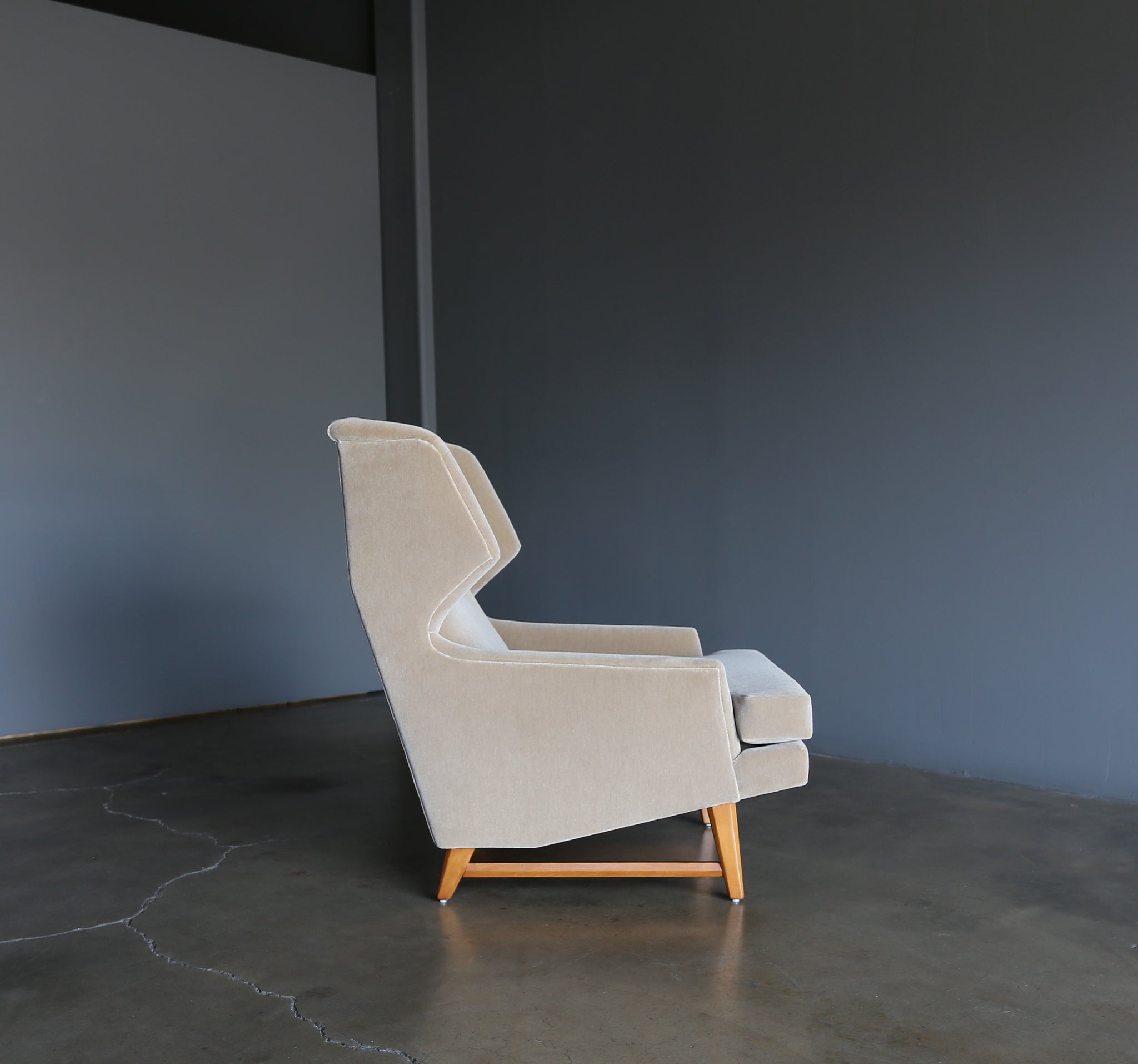 = SOLD = American Design Modernist Wingback Lounge Chairs in Mohair, circa 1955