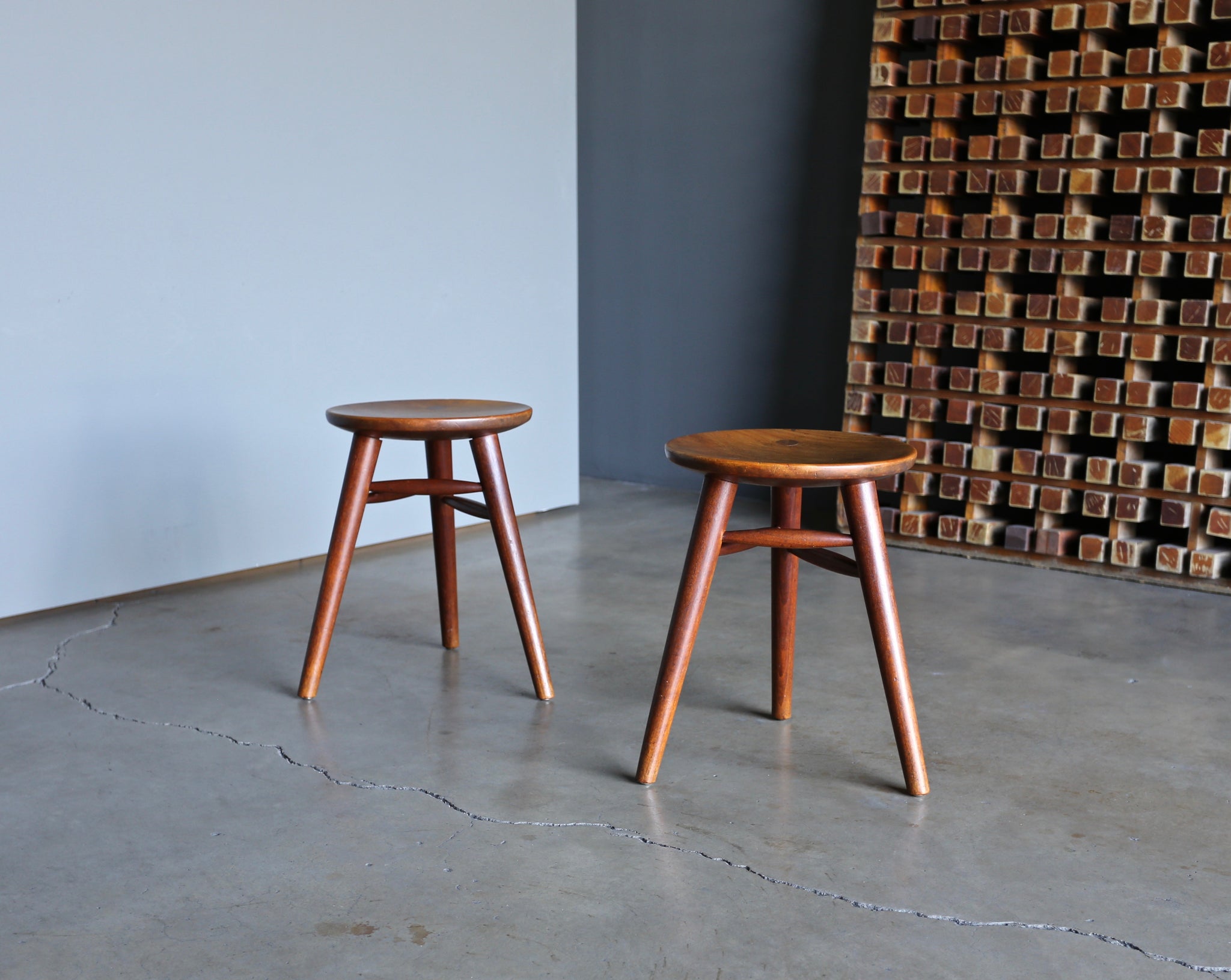 = SOLD = Handcrafted Pair of Tripod Stools circa 1950
