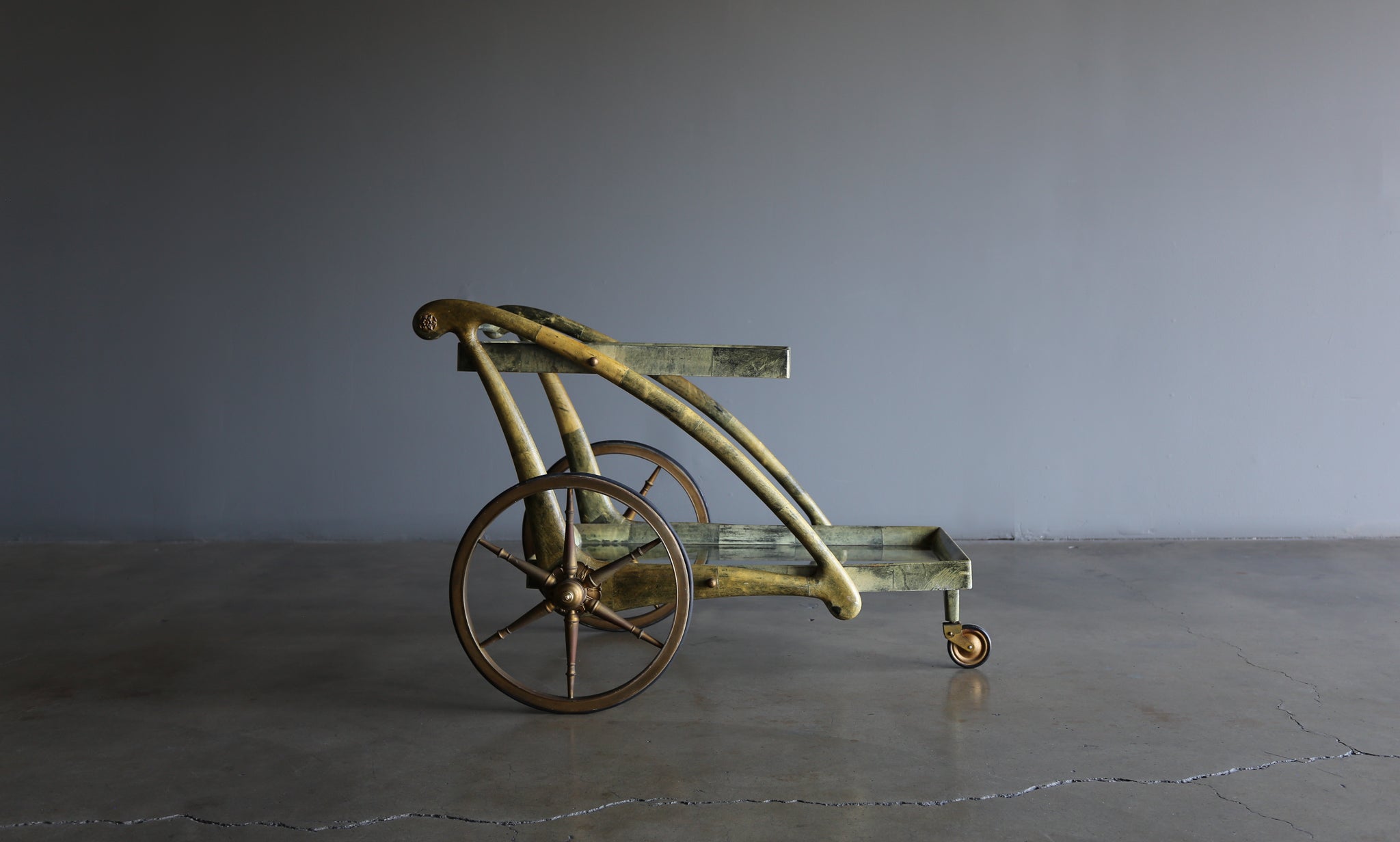 = SOLD = Aldo Tura Lacquered Goatskin & Brass Bar Cart, circa 1965