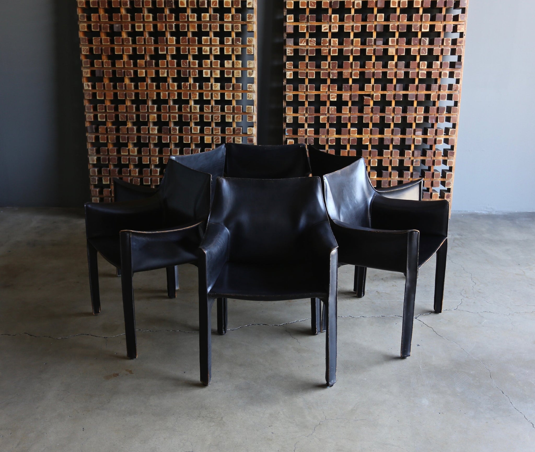 = SOLD = Mario Bellini Set of Six Black Leather "Cab" Chairs for Cassina