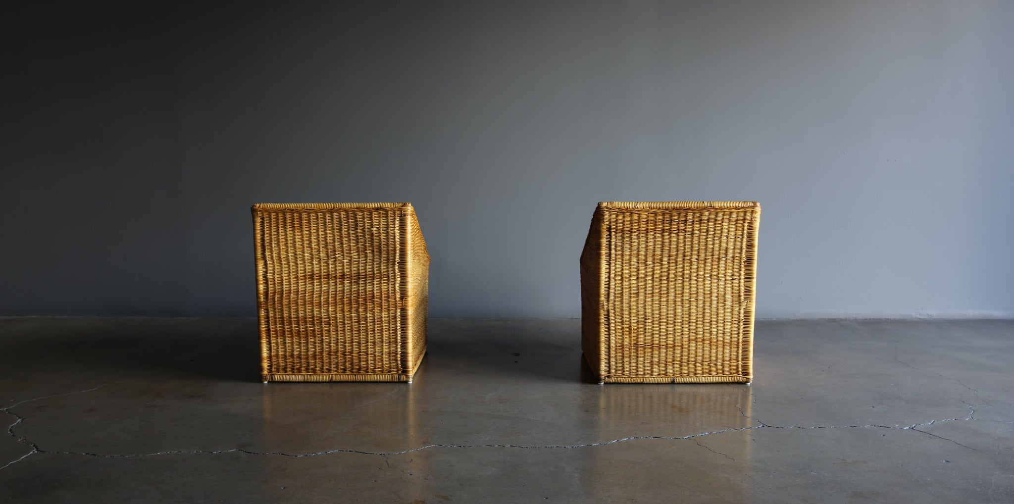 = SOLD = Modernist Wicker Rattan Lounge Chairs, circa 1965