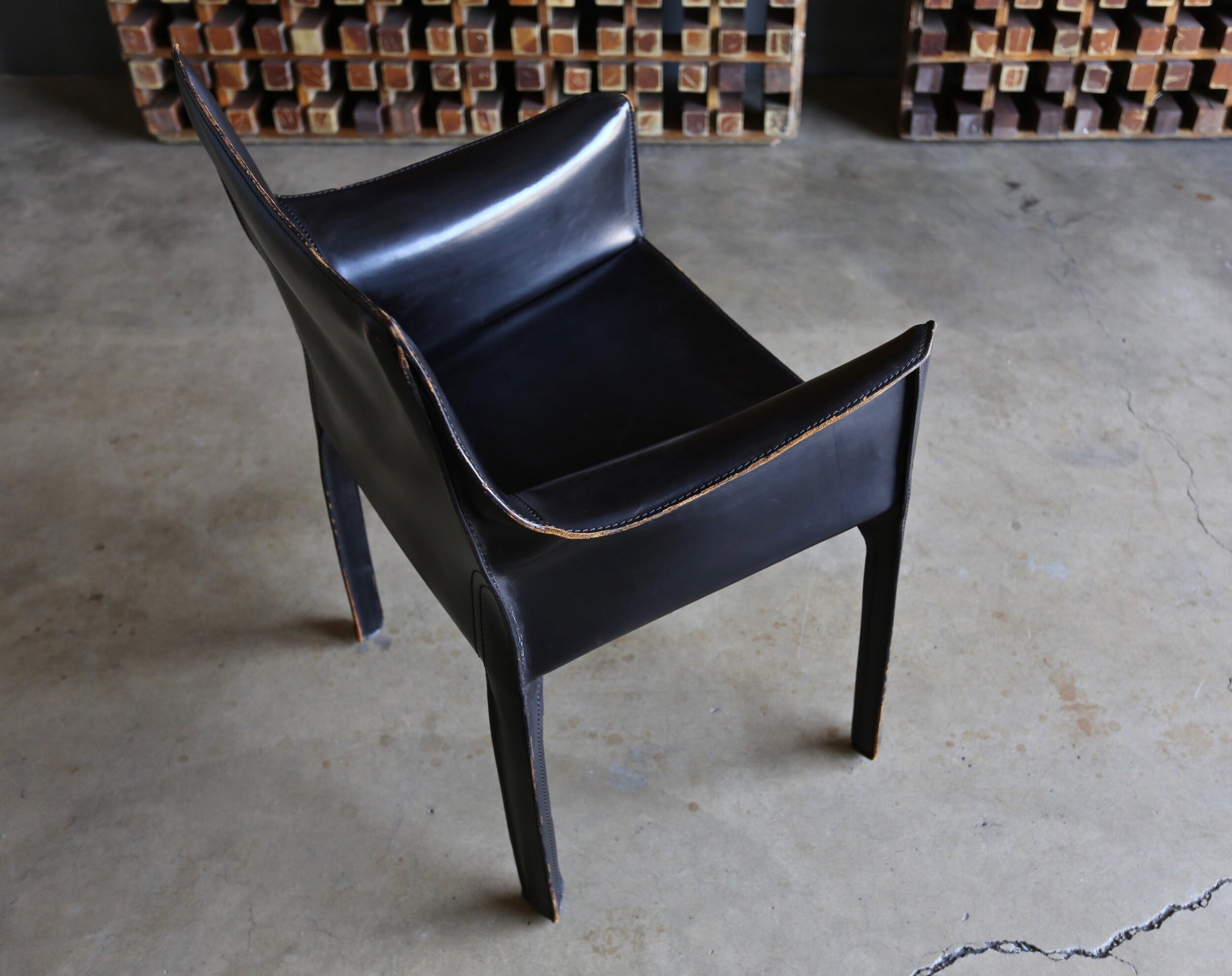 = SOLD = Mario Bellini Set of Six Black Leather "Cab" Chairs for Cassina