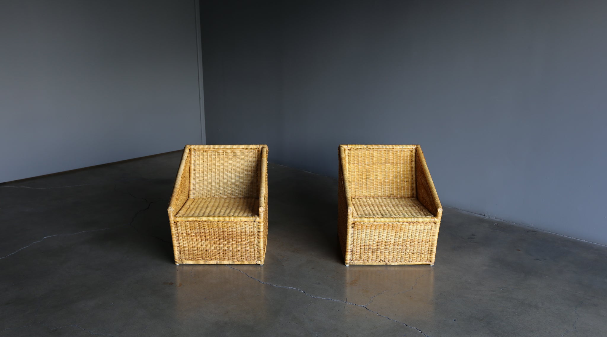 = SOLD = Modernist Wicker Rattan Lounge Chairs, circa 1965